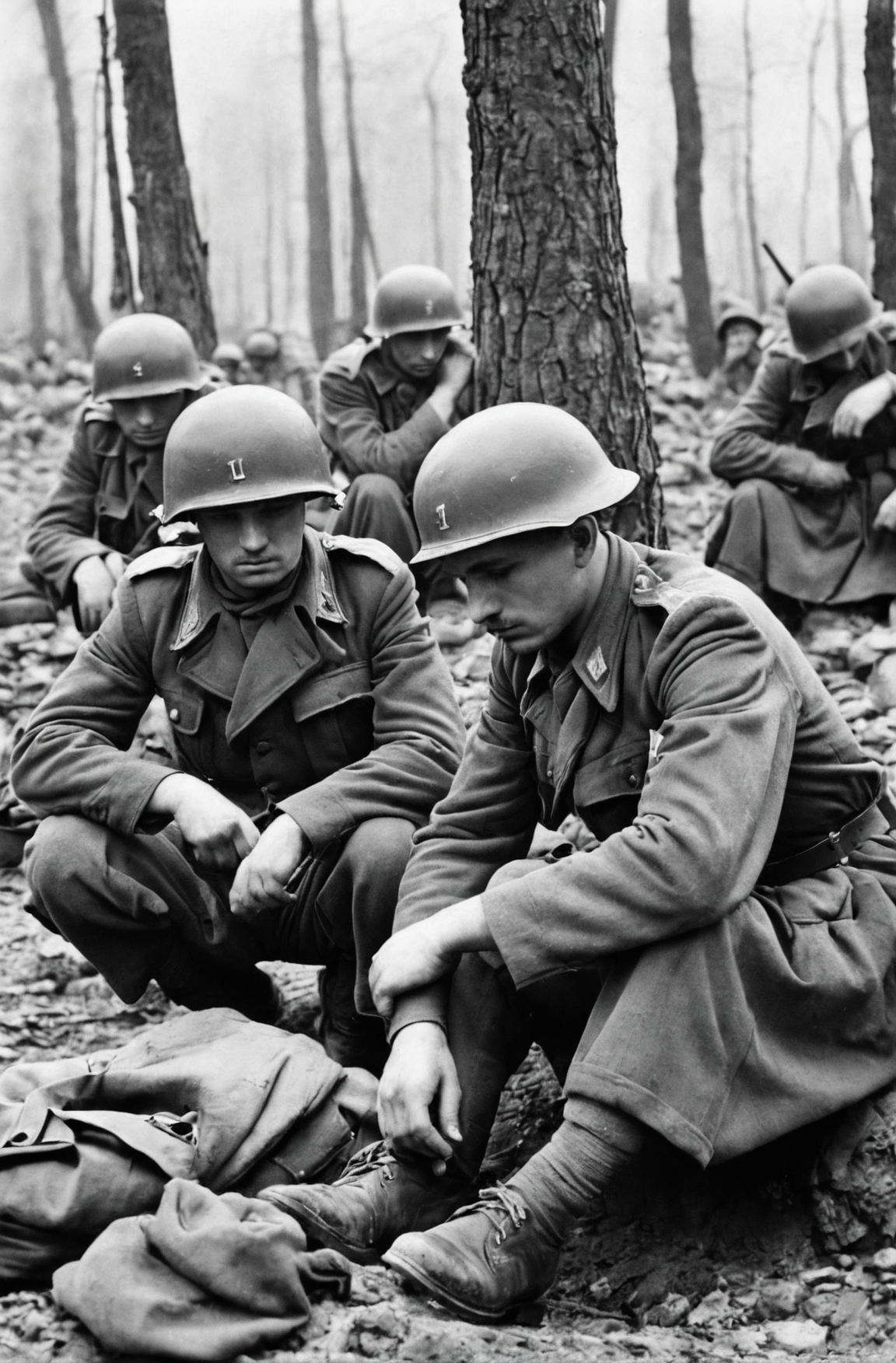 Sad soldiers in World War II, black and white photo